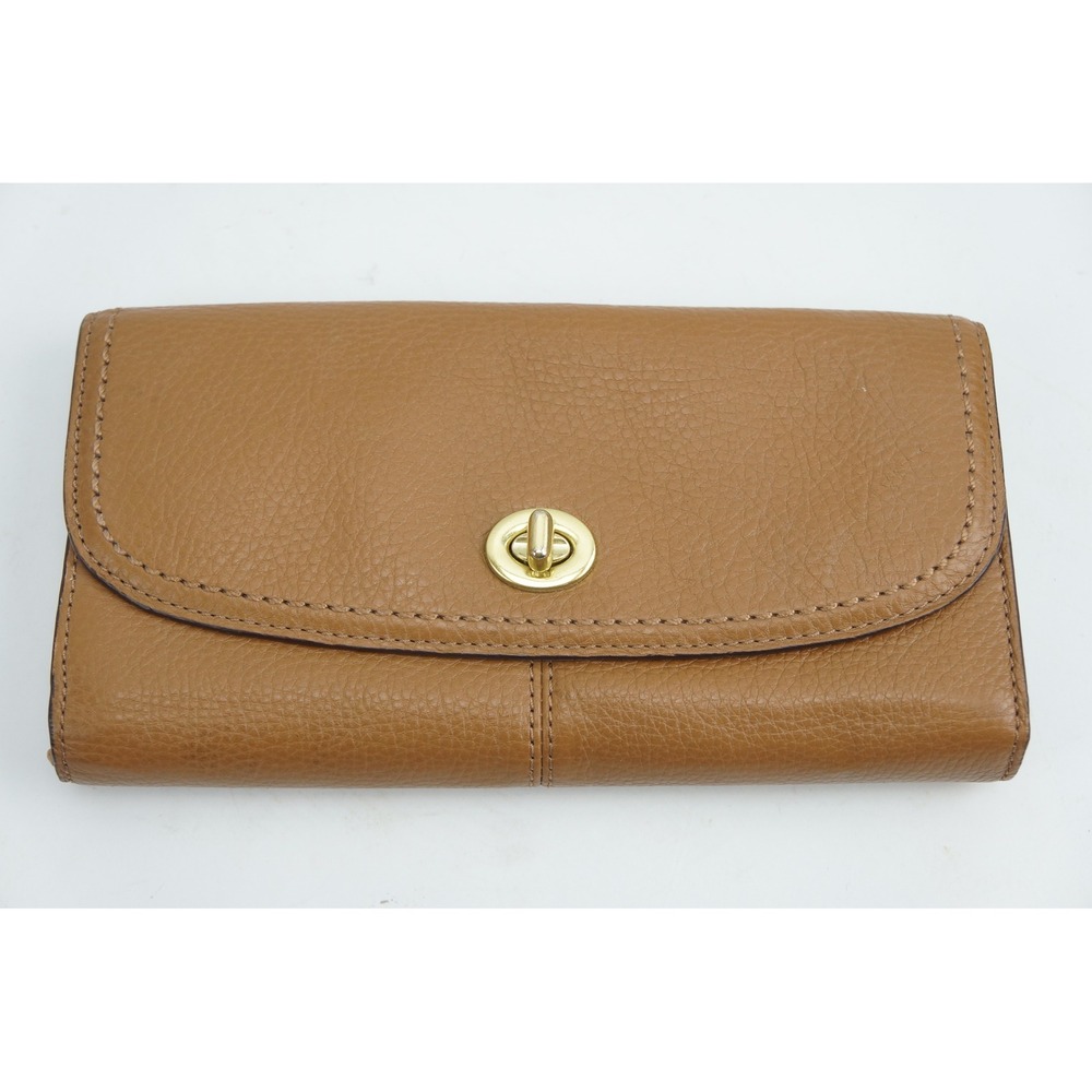 Coach Park Turnlock Slim Envelope Wallet Tan Pebbled Leather Gold Hardware Good